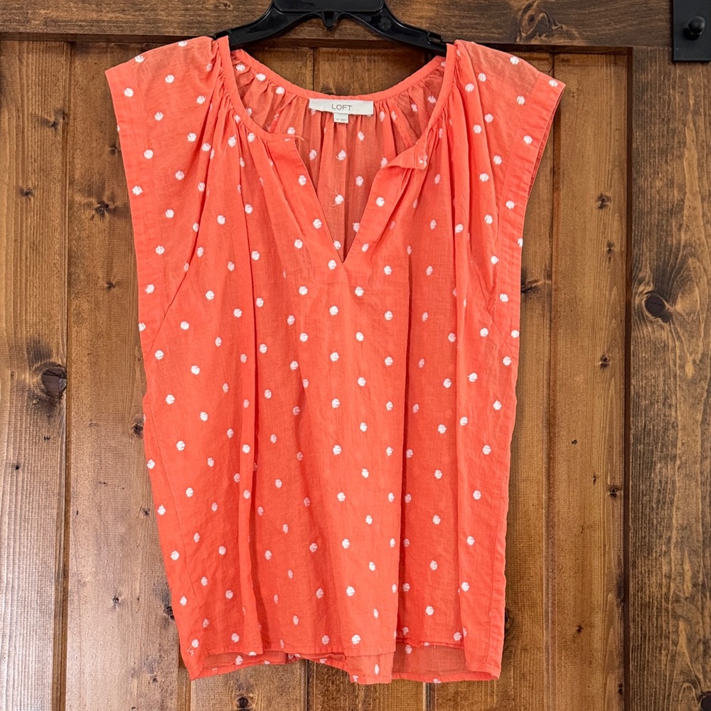 LOFT Coral Dot Cap-Sleeve Split V-Neck Blouse